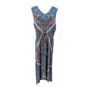 Boho blue floral sleeveless maxi dress tie waist lace back XXL stretch knit